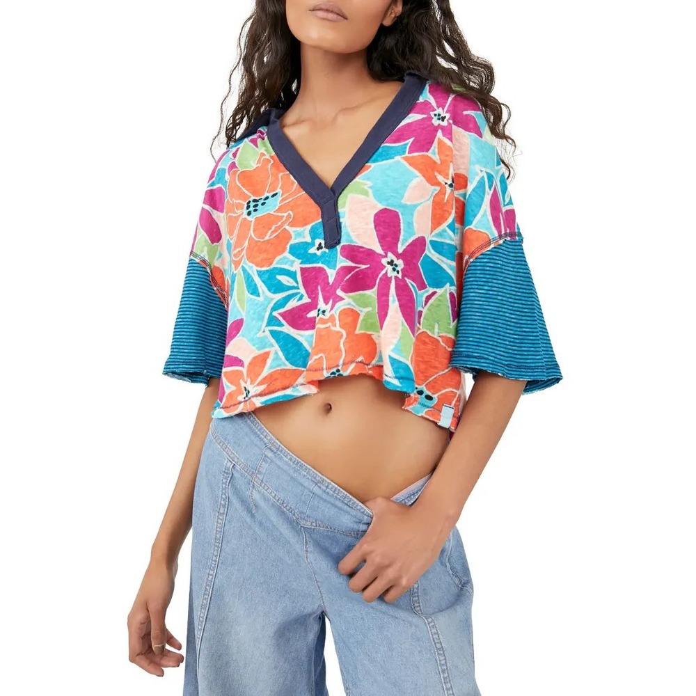 NWT Free People We The Free Floral Striped Cropped Polo Top Medium Coastal Combo